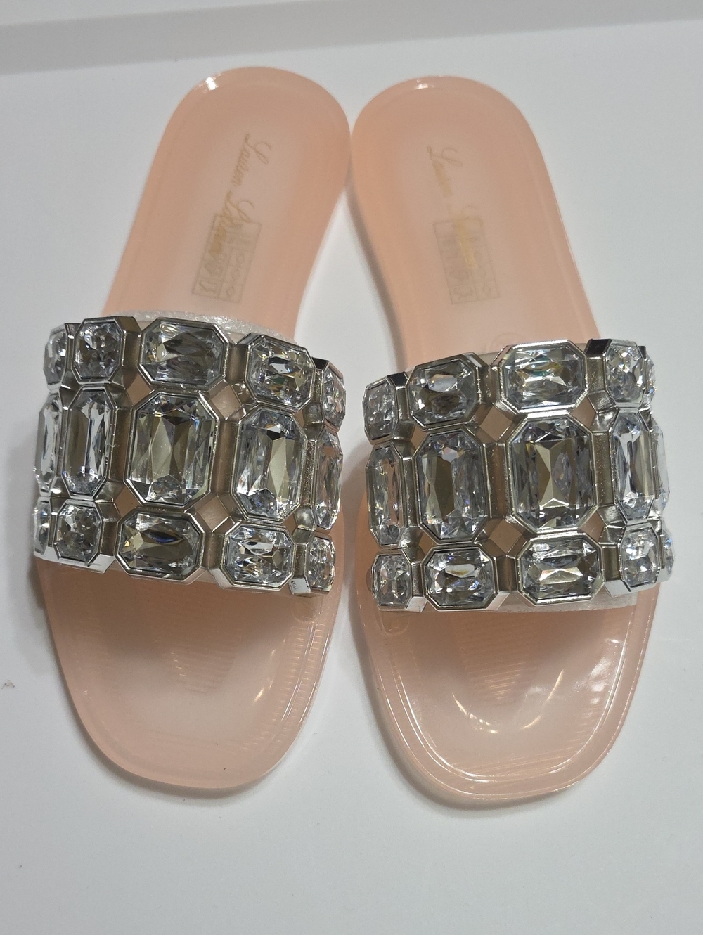 Lauren Lorraine Pink Slide Sandals with Large Clear Crystal Embellishments